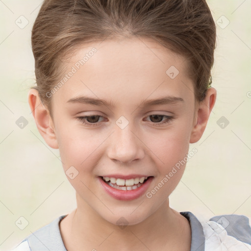 Joyful white child female with short  brown hair and brown eyes