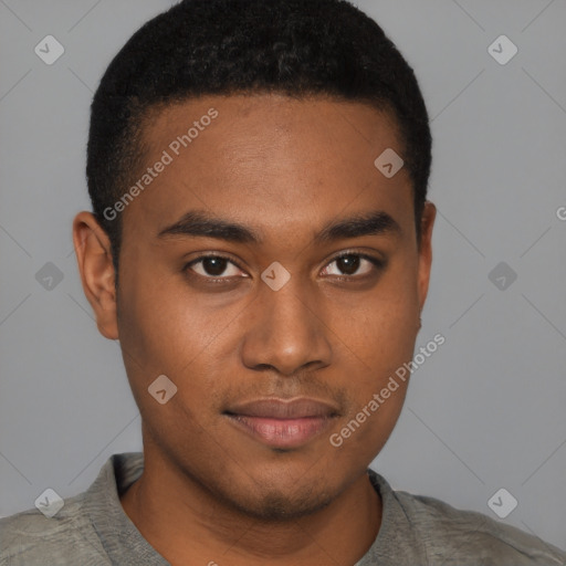 Joyful black young-adult male with short  brown hair and brown eyes