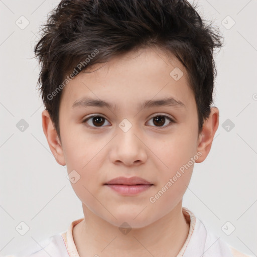 Joyful white child male with short  brown hair and brown eyes