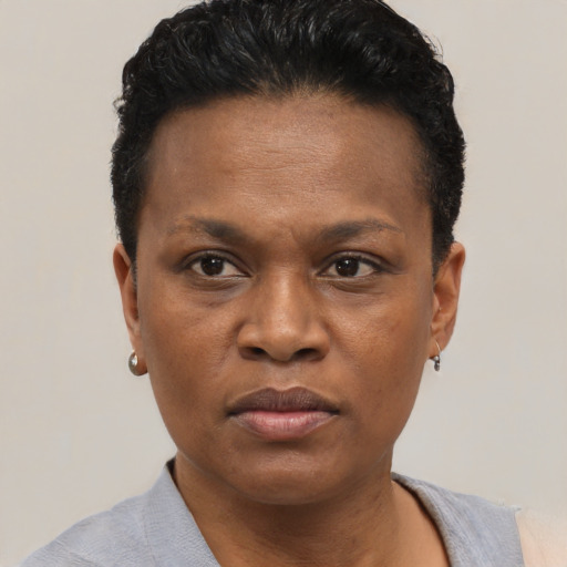 Neutral black adult female with short  black hair and brown eyes
