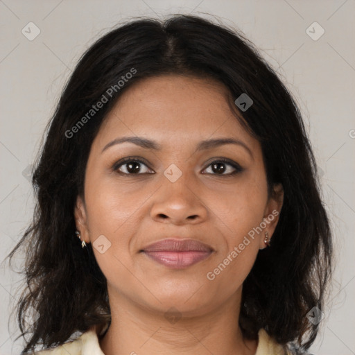 Joyful black young-adult female with medium  brown hair and brown eyes