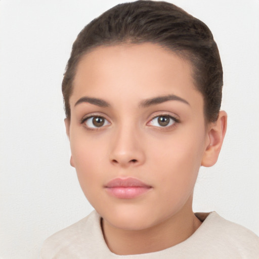 Neutral white young-adult female with short  brown hair and brown eyes