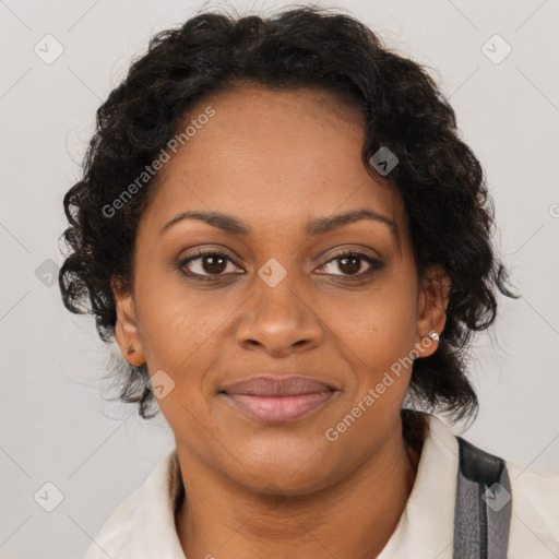 Joyful black adult female with medium  brown hair and brown eyes