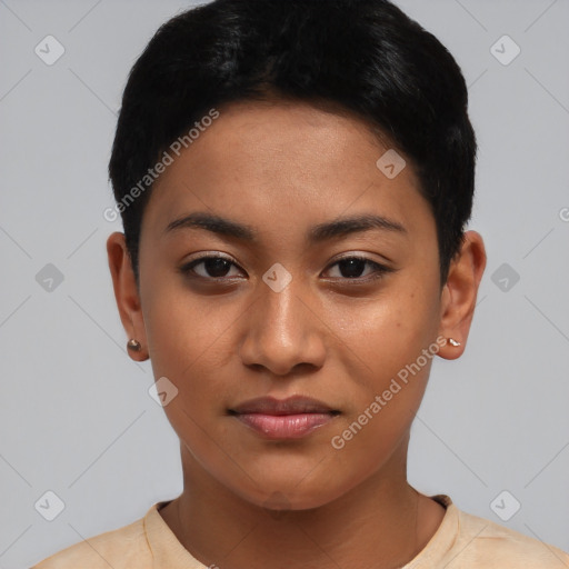 Neutral asian young-adult female with short  black hair and brown eyes