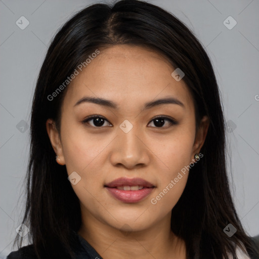 Joyful asian young-adult female with long  brown hair and brown eyes