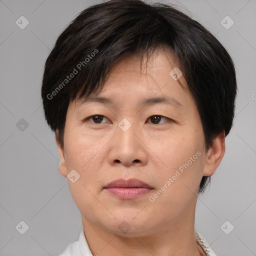 Joyful asian adult female with short  brown hair and brown eyes