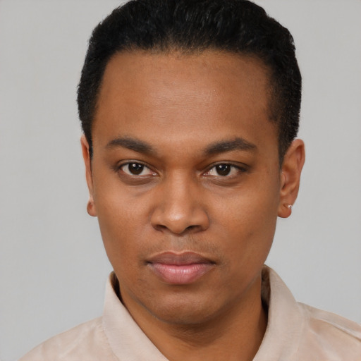 Neutral black young-adult male with short  black hair and brown eyes