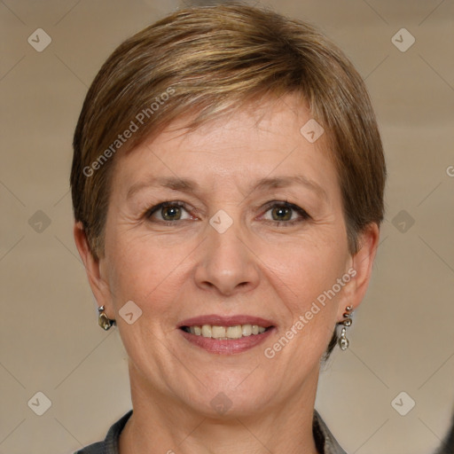 Joyful white adult female with short  brown hair and brown eyes