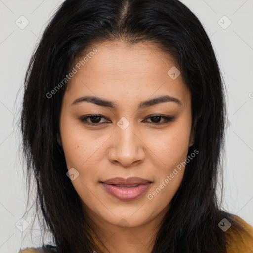 Joyful asian young-adult female with long  brown hair and brown eyes