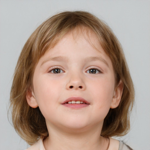 Neutral white child female with medium  brown hair and blue eyes