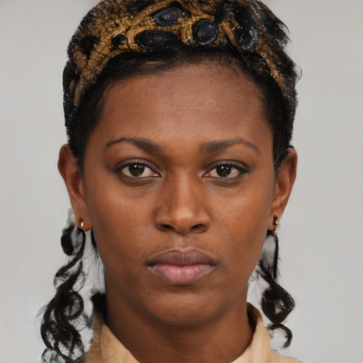Neutral black young-adult female with short  brown hair and brown eyes