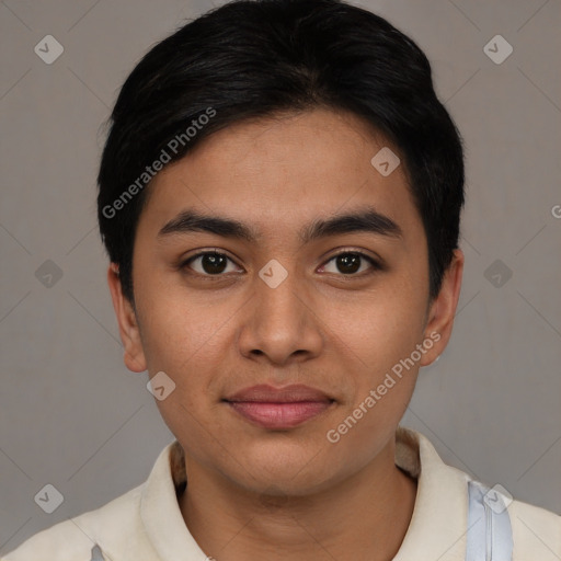 Joyful latino young-adult male with short  black hair and brown eyes