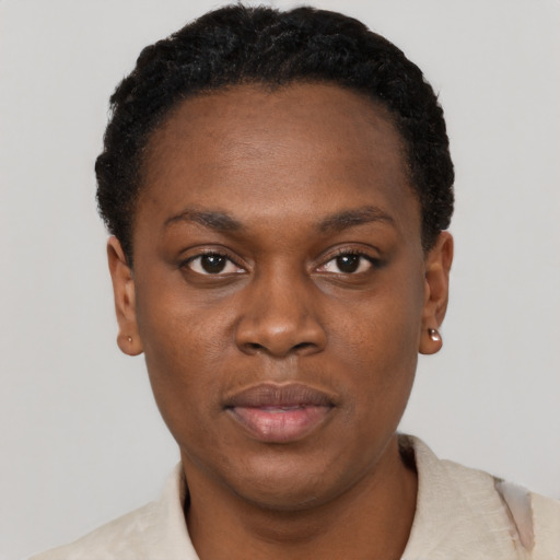 Neutral black young-adult female with short  black hair and brown eyes
