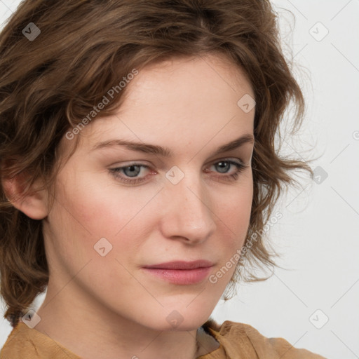 Neutral white young-adult female with medium  brown hair and grey eyes