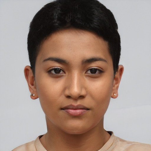 Neutral asian young-adult female with short  black hair and brown eyes