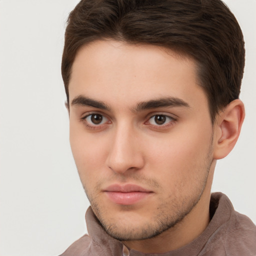 Neutral white young-adult male with short  brown hair and brown eyes