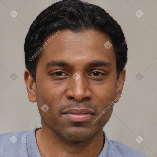Neutral latino young-adult male with short  black hair and brown eyes