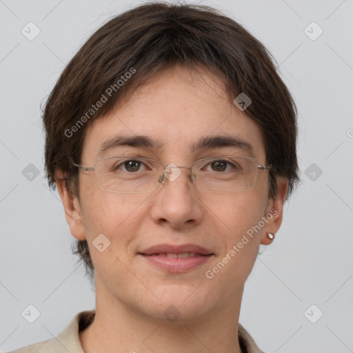 Joyful white adult female with short  brown hair and brown eyes