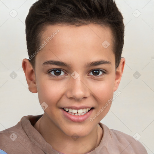 Joyful white child female with short  brown hair and brown eyes