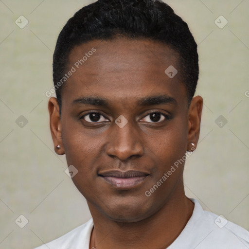 Joyful black young-adult male with short  black hair and brown eyes