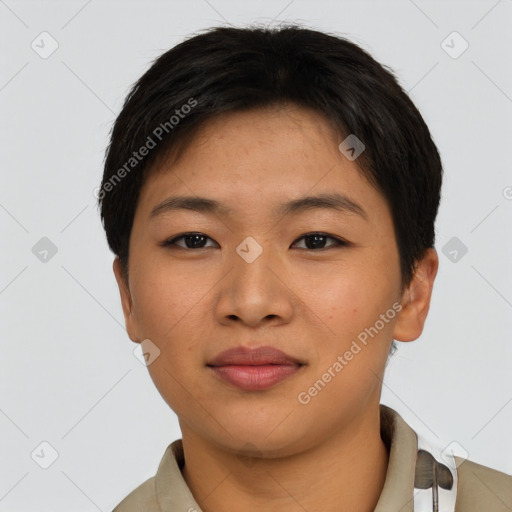 Joyful asian young-adult female with short  brown hair and brown eyes