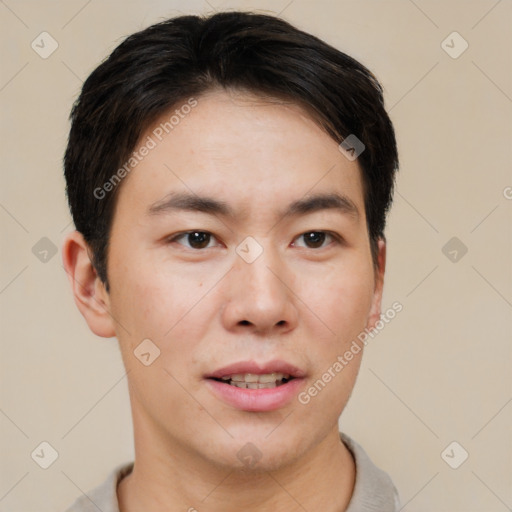 Neutral asian young-adult male with short  brown hair and brown eyes