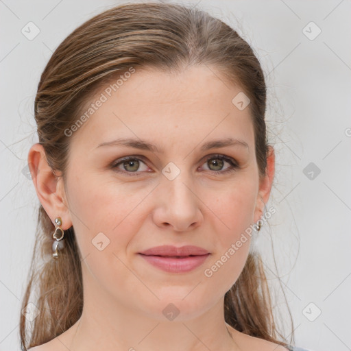 Joyful white young-adult female with medium  brown hair and grey eyes