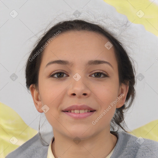 Joyful white child female with medium  brown hair and brown eyes