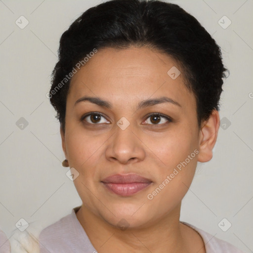 Joyful latino young-adult female with short  brown hair and brown eyes