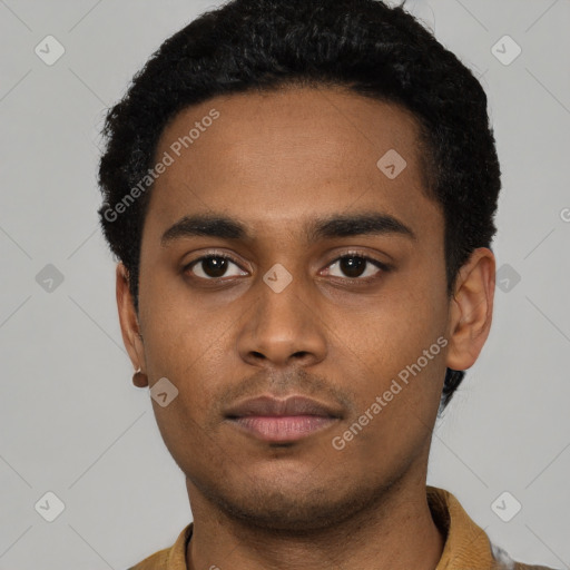 Neutral latino young-adult male with short  black hair and brown eyes