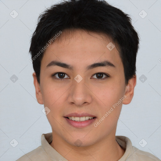 Joyful asian young-adult female with short  brown hair and brown eyes