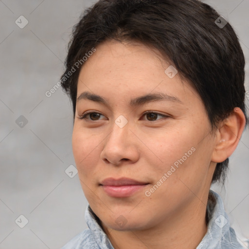 Joyful white adult female with medium  brown hair and brown eyes