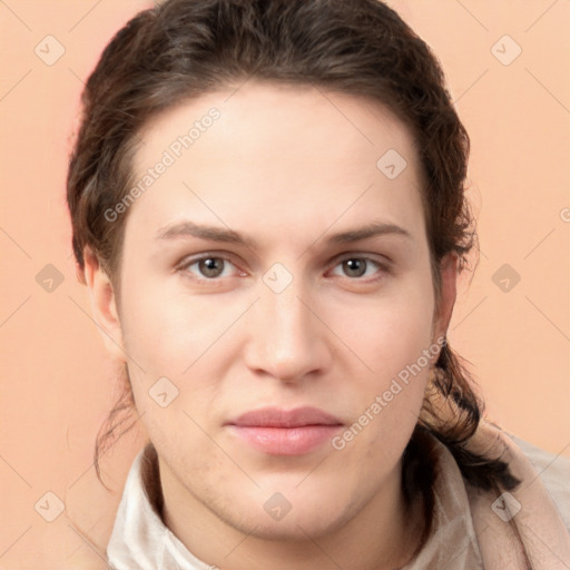 Neutral white young-adult female with short  brown hair and brown eyes