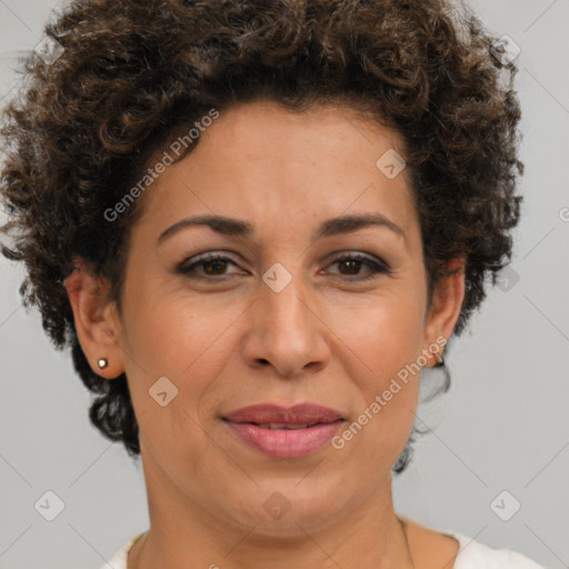 Joyful white adult female with short  brown hair and brown eyes