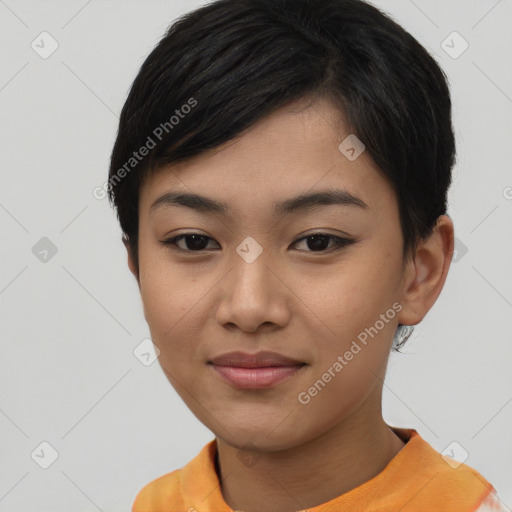 Joyful asian young-adult female with short  brown hair and brown eyes
