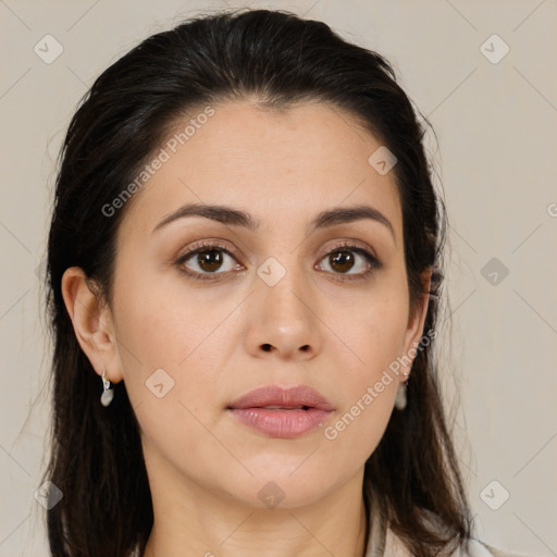 Neutral white young-adult female with medium  brown hair and brown eyes