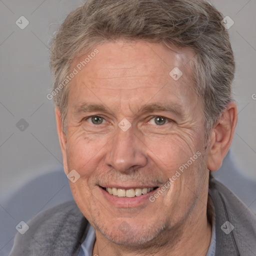 Joyful white middle-aged male with short  brown hair and brown eyes