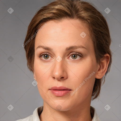 Neutral white young-adult female with medium  brown hair and brown eyes