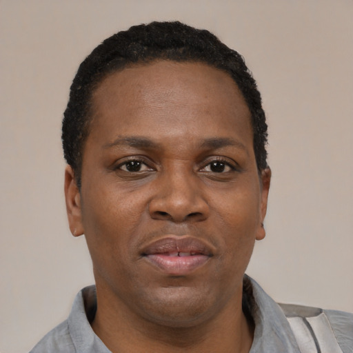 Neutral black adult female with short  black hair and brown eyes