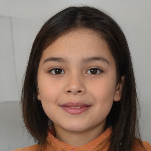 Joyful white child female with medium  brown hair and brown eyes