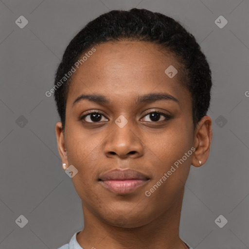 Joyful black young-adult female with short  brown hair and brown eyes