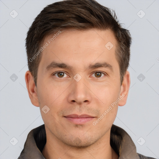 Neutral white young-adult male with short  brown hair and brown eyes