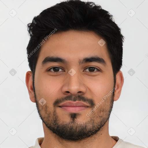 Neutral latino young-adult male with short  black hair and brown eyes