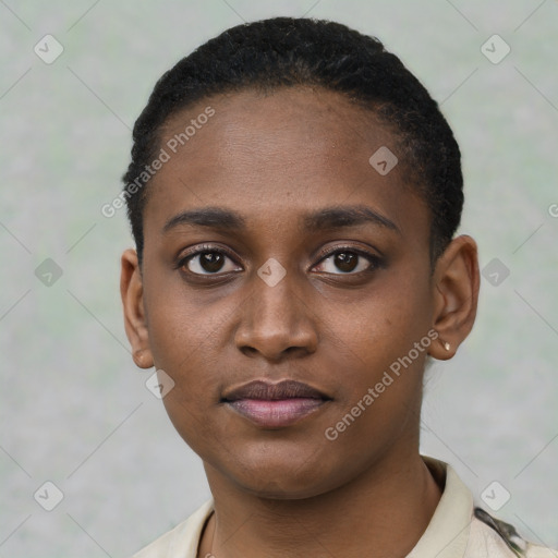 Neutral black young-adult female with short  black hair and brown eyes