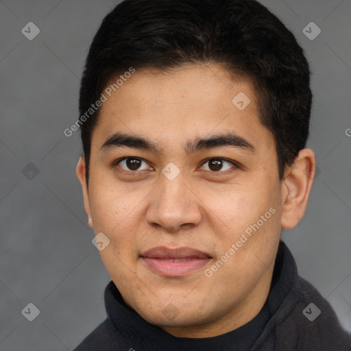 Joyful latino young-adult male with short  brown hair and brown eyes