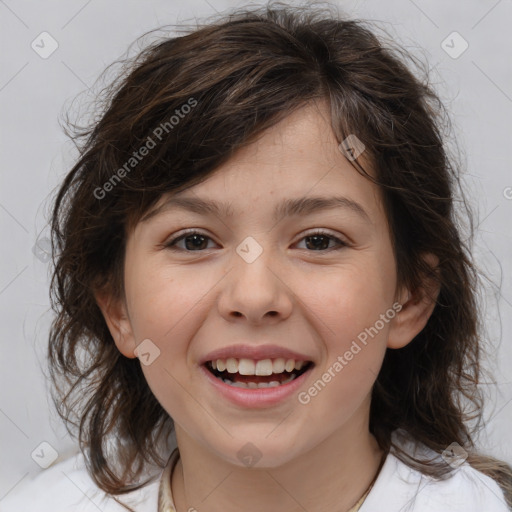 Joyful white child female with medium  brown hair and brown eyes