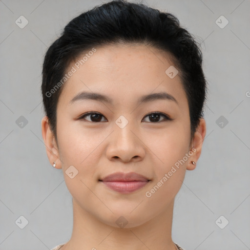 Joyful asian young-adult female with short  brown hair and brown eyes