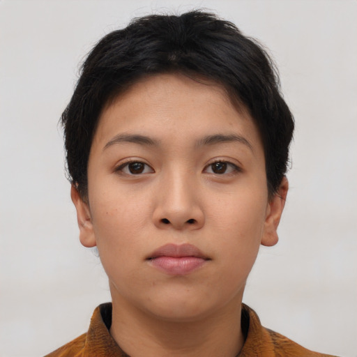 Neutral asian young-adult female with short  brown hair and brown eyes