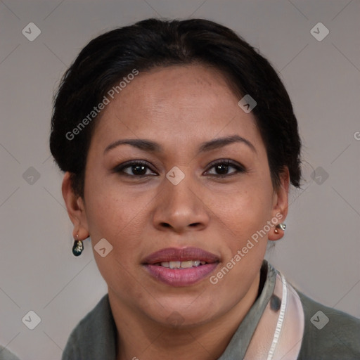 Joyful asian adult female with short  brown hair and brown eyes