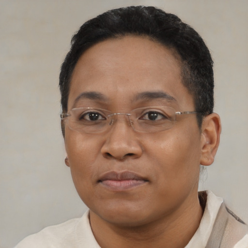 Neutral black adult female with short  black hair and brown eyes